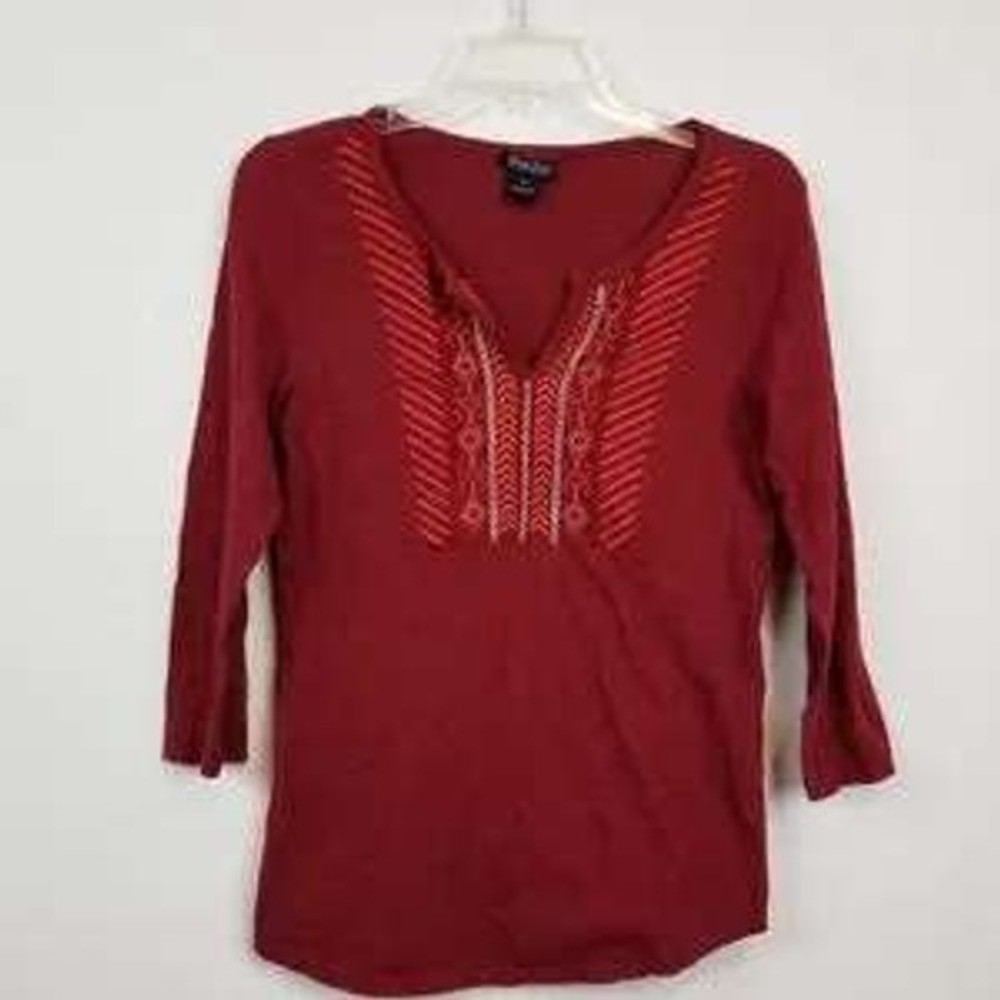 Lucky Brand Top Womens M Red Embroidered Henley 3/4 Sleeve BOHO Slub Knit